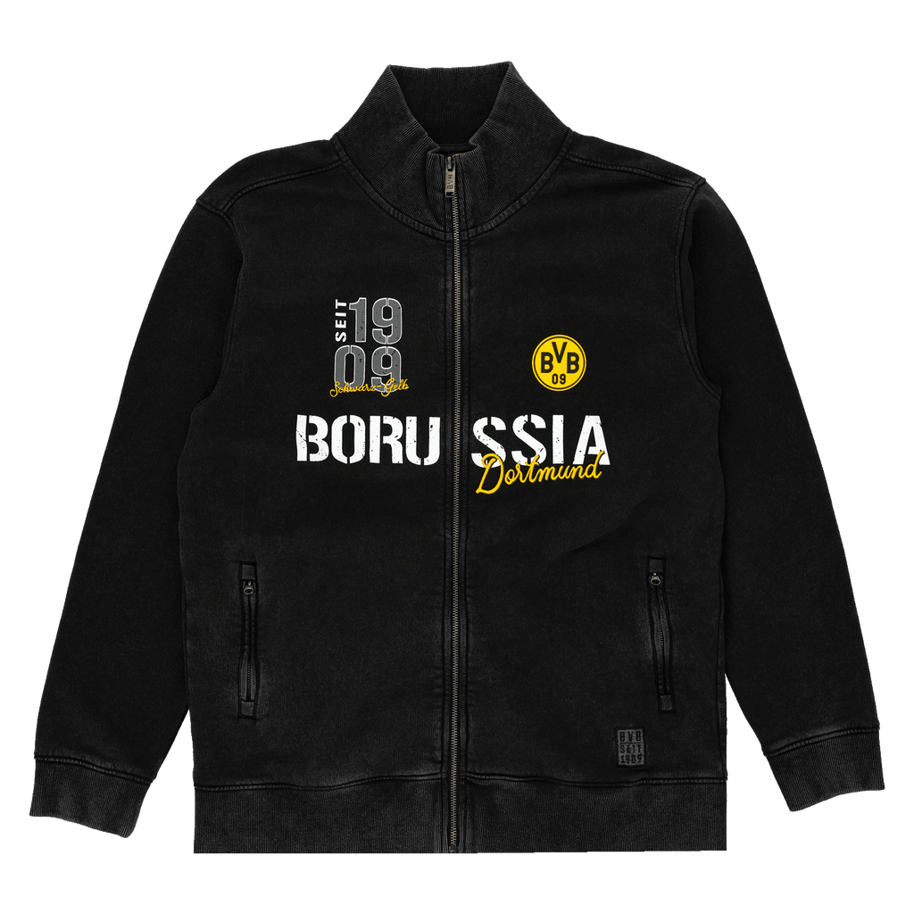 Veste zippée noire du Borussia Dortmund avec le logo BVB jaune, les inscriptions « 1909 » et « Borussia Dortmund » ; idéale pour les fans et les supporters du club.