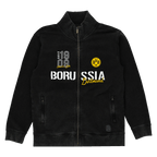 Veste zippée noire du Borussia Dortmund avec le logo BVB jaune, les inscriptions « 1909 » et « Borussia Dortmund » ; idéale pour les fans et les supporters du club.