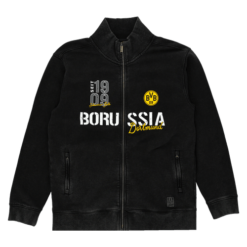 多特蒙德（Borussia Dortmund）黑色拉链夹克，配有黄色BVB徽标、“1909”字样及“Borussia Dortmund”字样；是球迷和俱乐部支持者的理想之选。