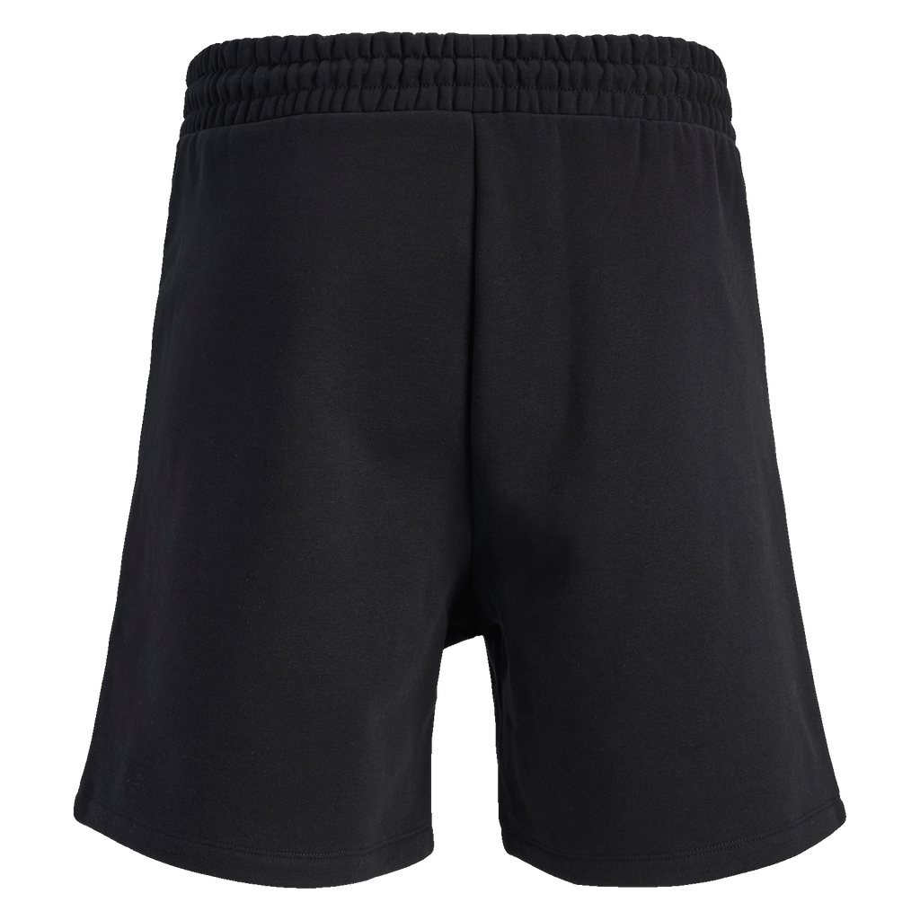 Rear view of the black BVB Essentials sweat shorts with an elastic waistband, ideal for Borussia Dortmund fans.