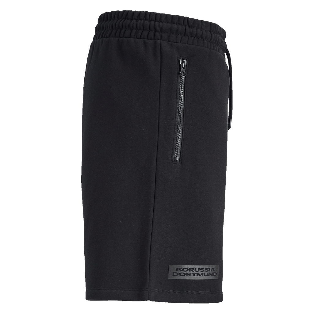 Short de sport noir BVB Essentials, orné du logo du Borussia Dortmund sur le côté et doté d'une fermeture éclair pratique au niveau de la poche, idéal pour le sport et les loisirs.