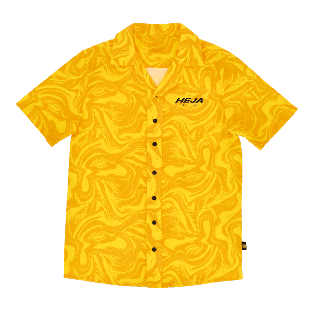 Camicia gialla da festival del BVB a maniche corte con motivo astratto e scritta “HEJA”, ideale per i tifosi e gli eventi estivi.
