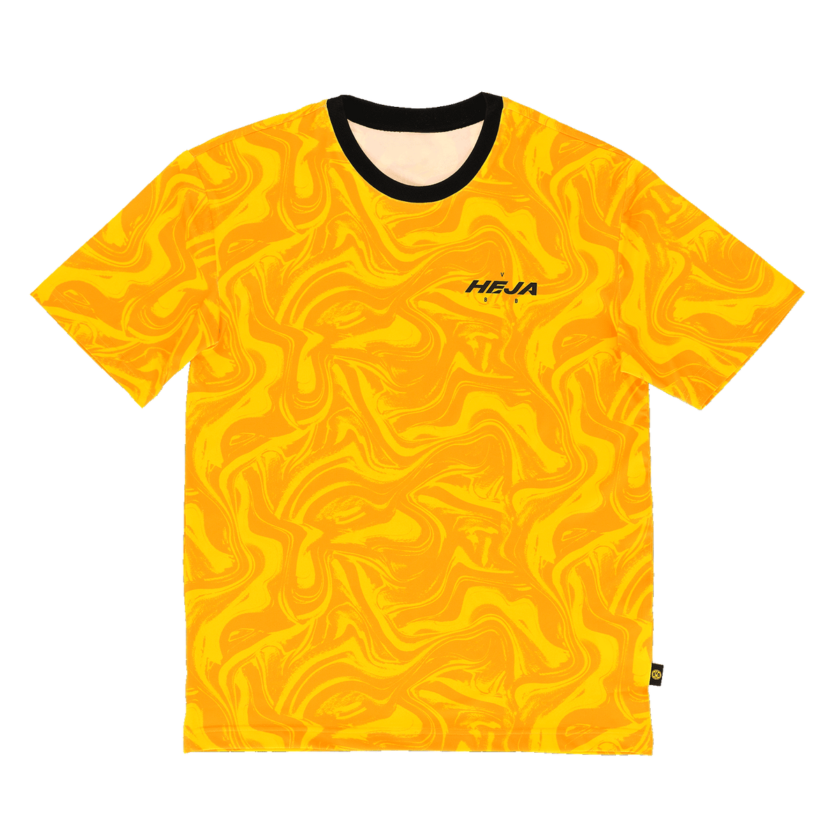 T-shirt du festival du BVB, de couleur jaune, avec un motif voyant, un col noir et le logo HEJA sur la poitrine gauche, vu de face
