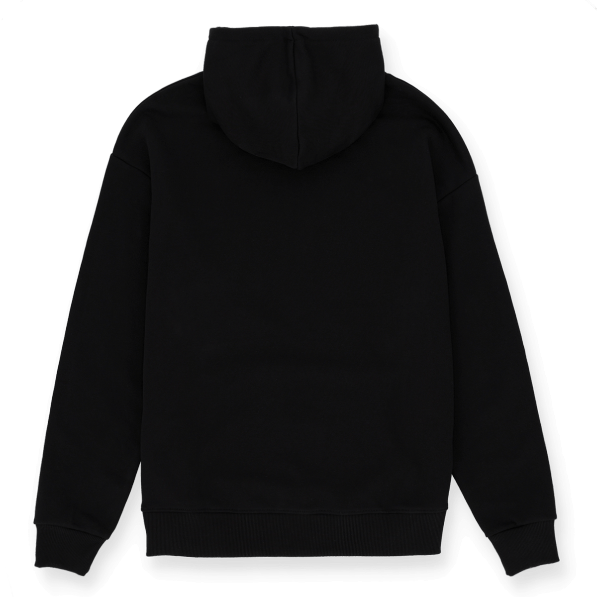 Rückansicht eines schwarzen BVB-Hoodies mit Kapuze, schlichtes Design, perfekt für Fans von Borussia Dortmund.