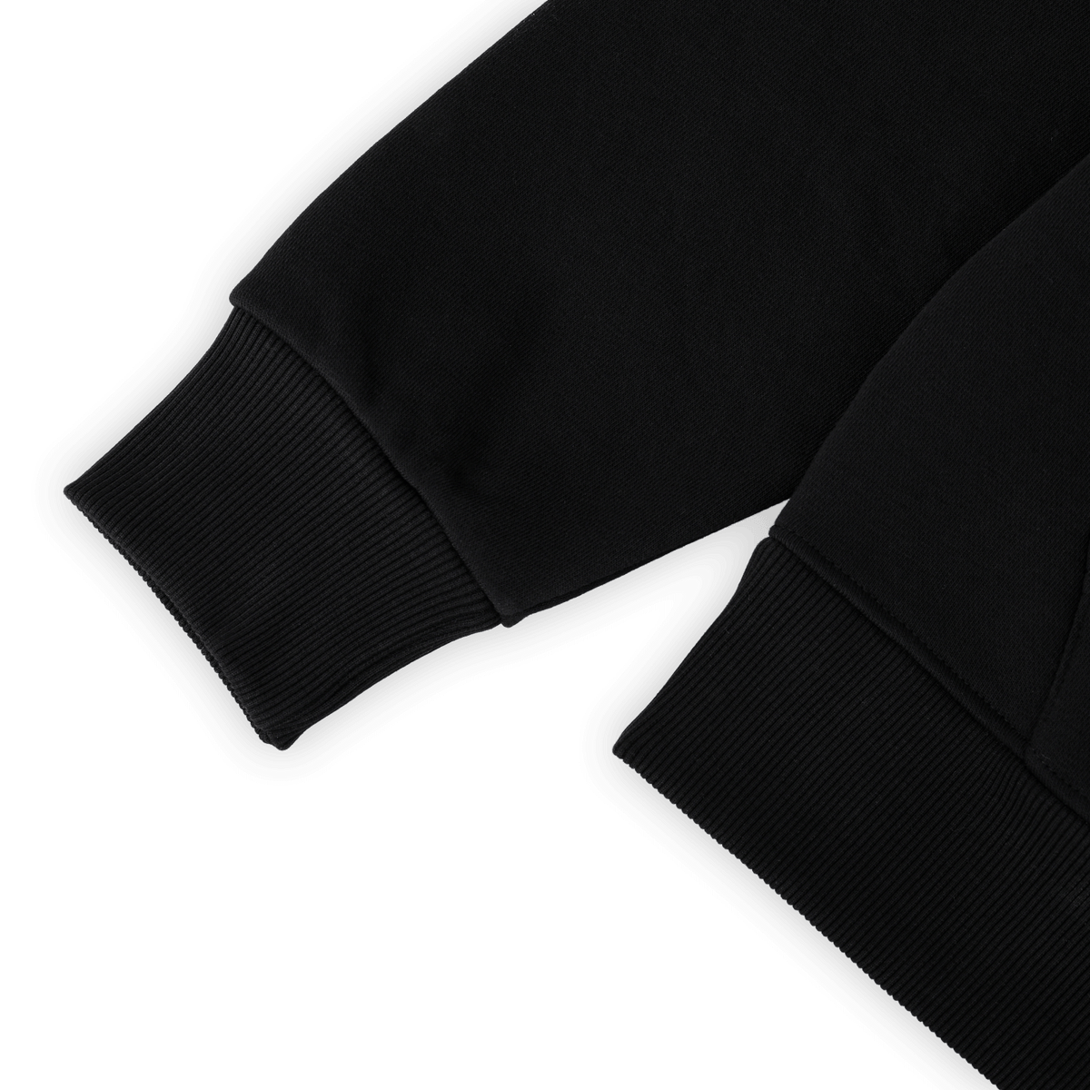 Gros plan sur les manches d'un sweat à capuche noir du BVB avec des poignets côtelés, issu de la gamme officielle de produits dérivés du Borussia Dortmund.