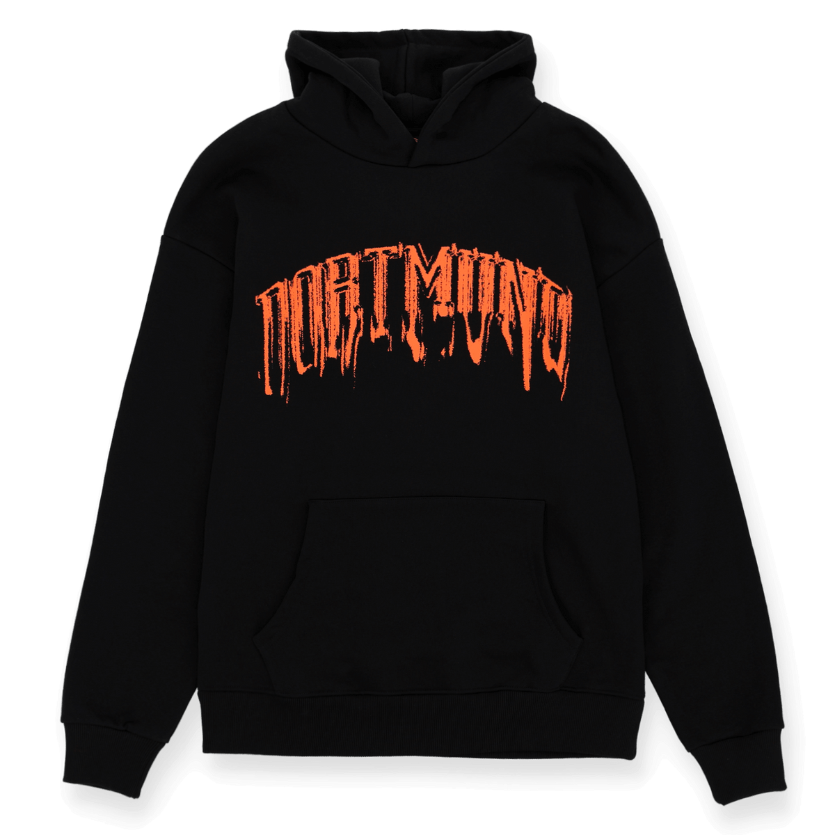 Schwarzer BVB Hoodie mit auffälligem orangefarbenem Dortmund-Schriftzug, warm und bequem, ideal für Fans von Borussia Dortmund.