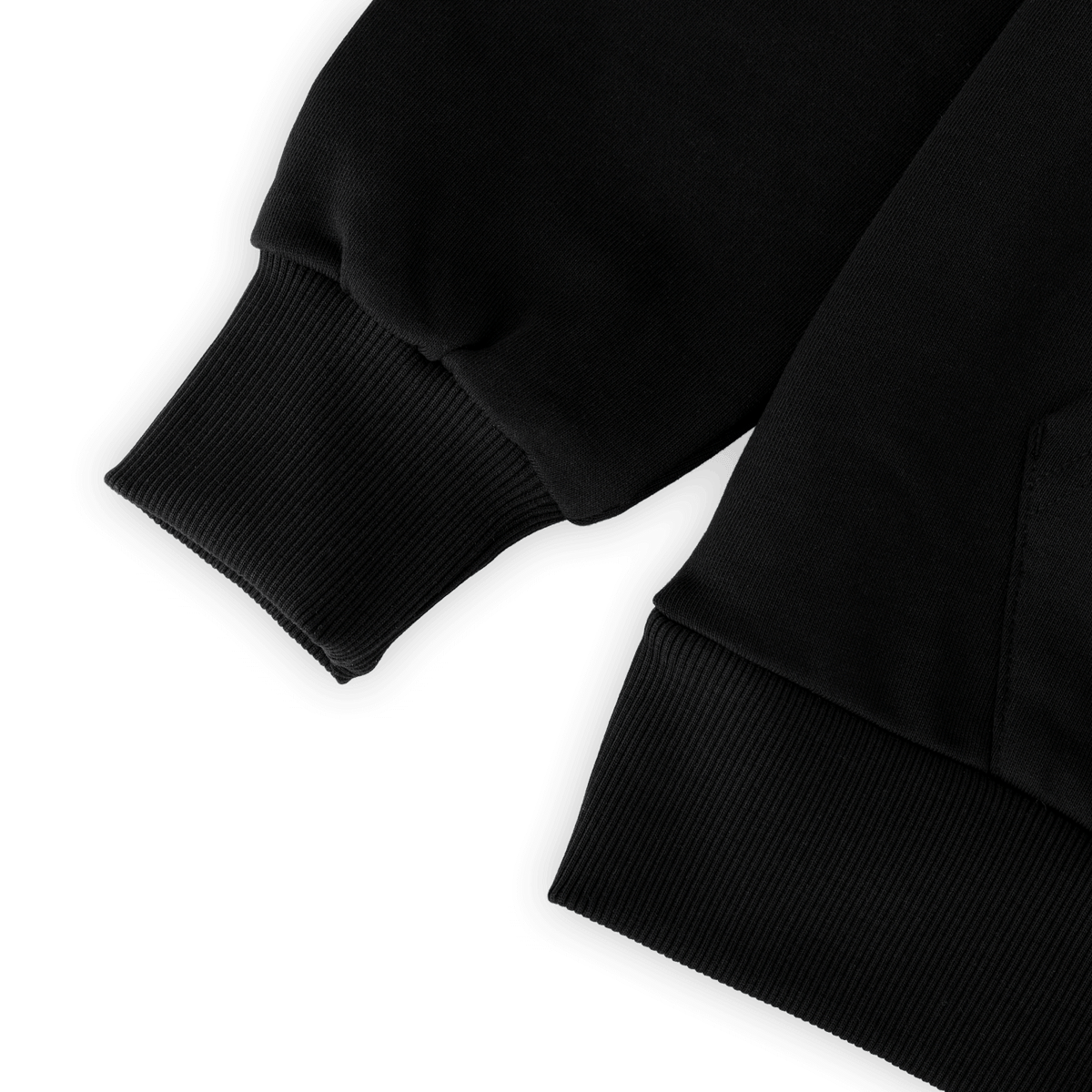 Detailaufnahme des schwarzen BVB Gold II Hoodies mit Rippbündchen am Ärmel, ideal für Fans des Borussia Dortmund Fußballvereins.