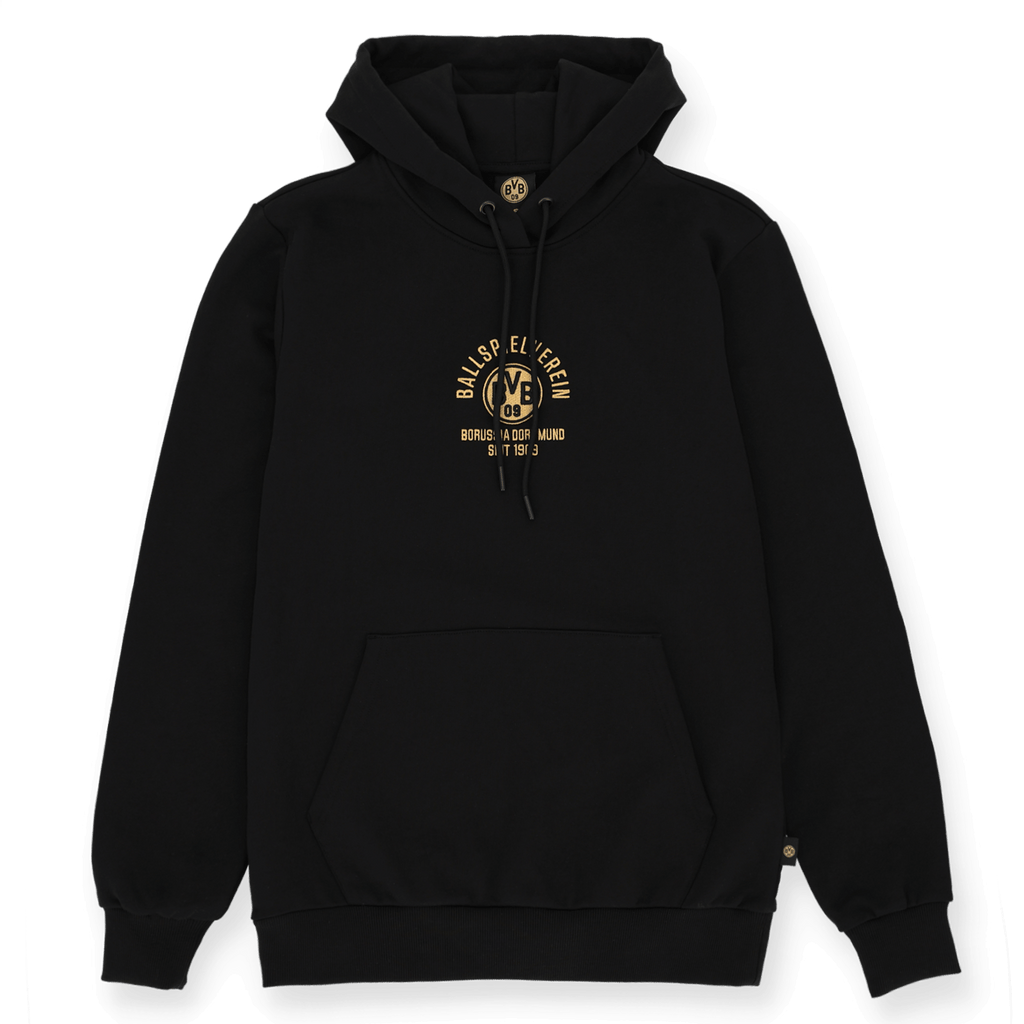 Schwarzer BVB-Hoodie aus der Gold II-Kollektion mit goldenem Ballspielverein Borussia Dortmund Logo auf der Brust, gemütliches und stylisches Fan-Merchandise.