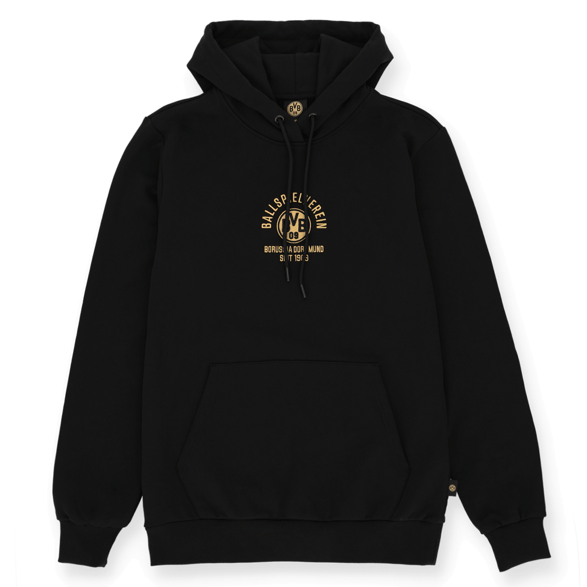 Schwarzer BVB-Hoodie aus der Gold II-Kollektion mit goldenem Ballspielverein Borussia Dortmund Logo auf der Brust, gemütliches und stylisches Fan-Merchandise.