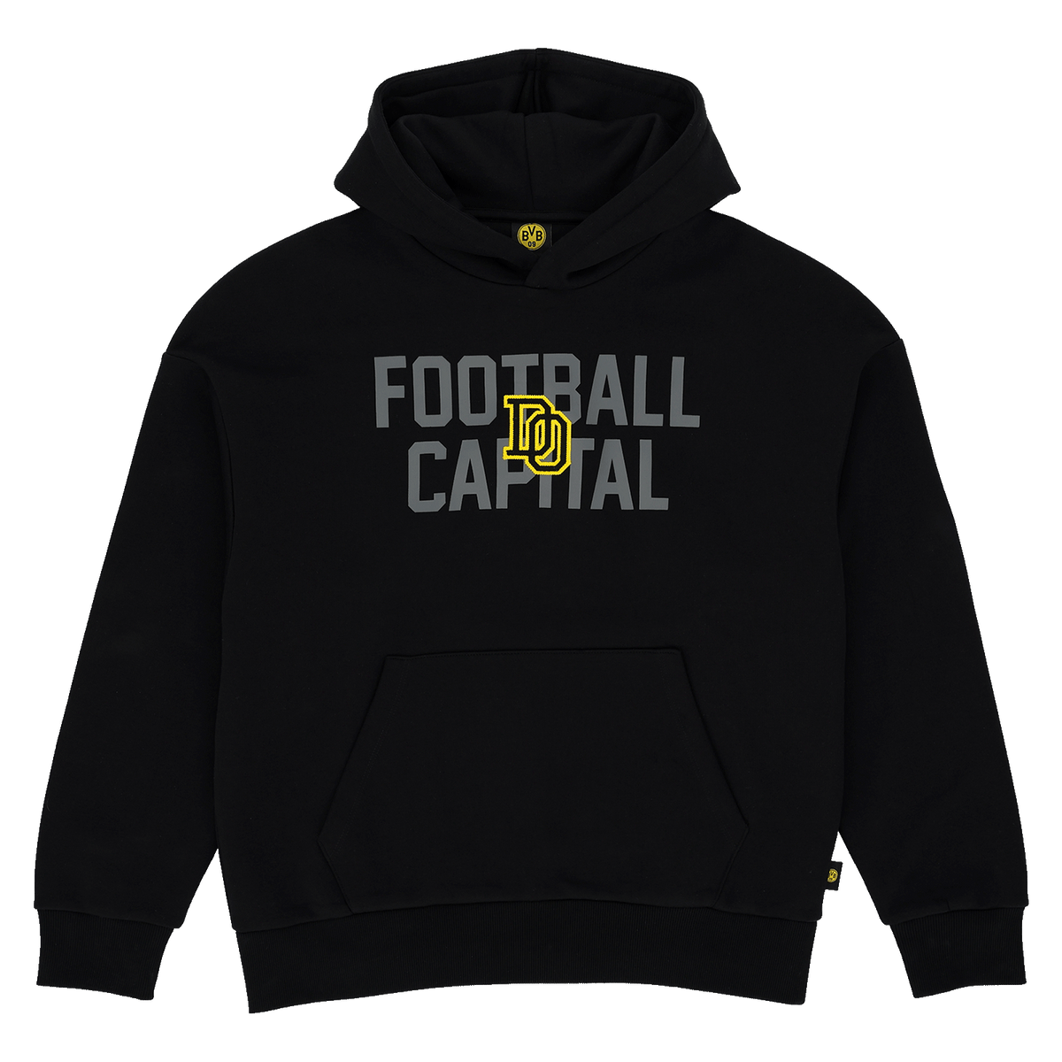 Schwarzer BVB College Hoodie mit Kängurutasche, auffälligem 'Football Capital'-Design in Grau und Gelb sowie dem BVB-Logo auf der Vorderseite, ideal für Fans von Borussia Dortmund.