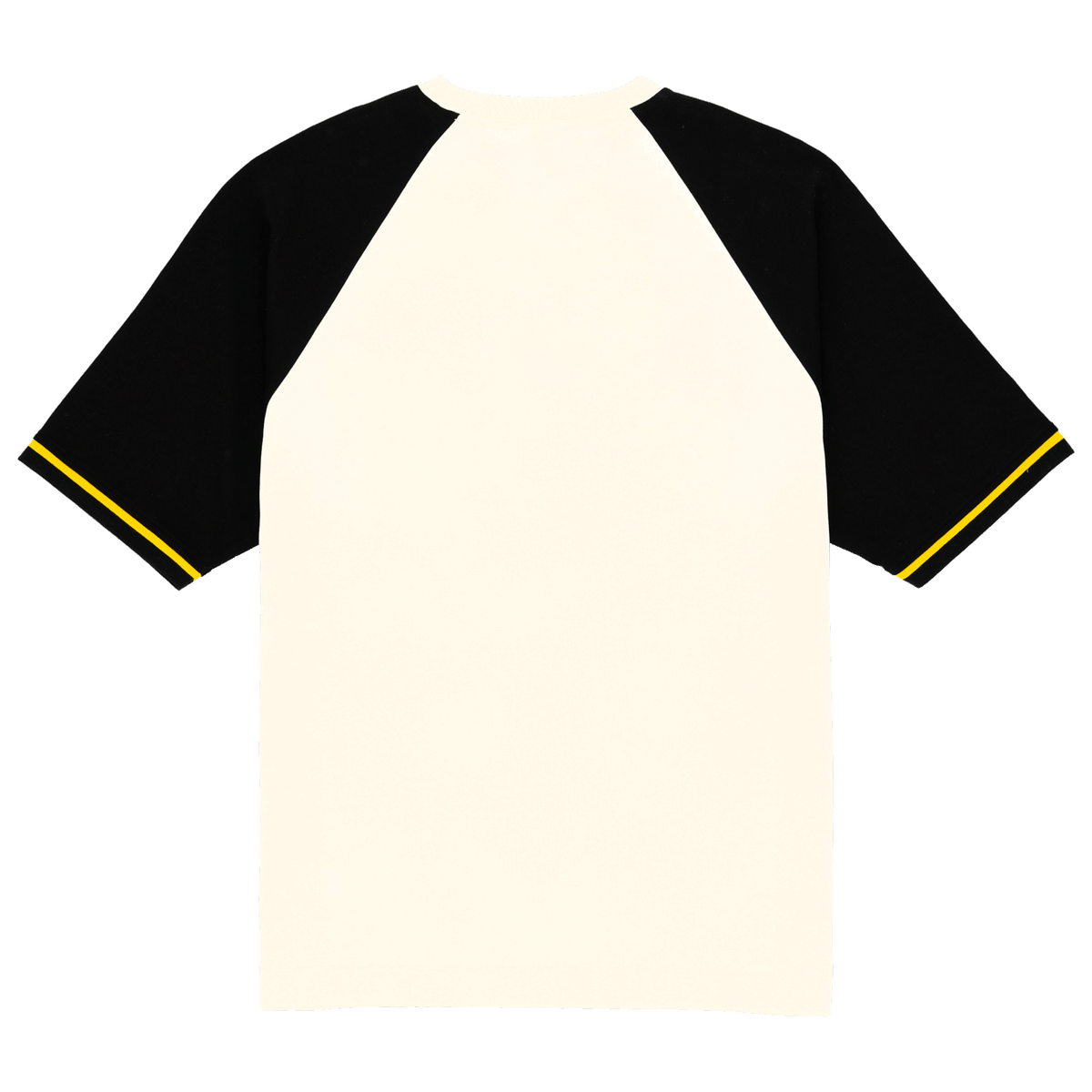 Das BVB Iconic Lifestyle T-Shirt in Offwhite mit schwarzen Ärmeln und gelbem Detail an den Ärmelenden, Ansicht von hinten.
