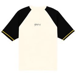 High-quality BVB lifestyle T-shirt in off-white with black sleeves and a yellow trim, perfect for fans and casual wear.