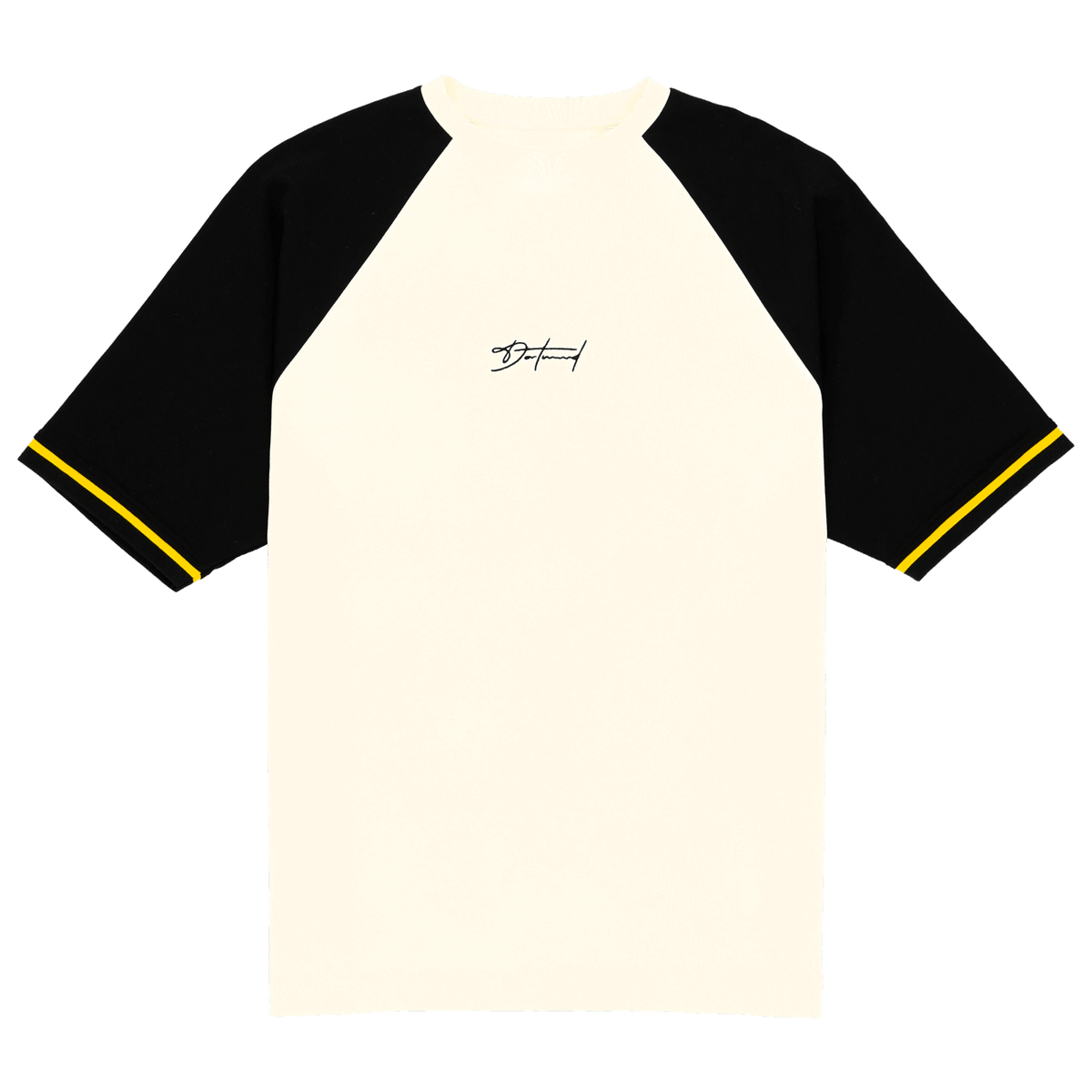Camiseta de alta calidad del BVB en color blanco roto, con mangas negras y una línea decorativa amarilla, ideal para los aficionados y para el tiempo libre.