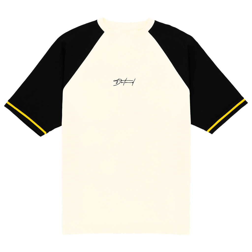 High-quality BVB lifestyle T-shirt in off-white with black sleeves and a yellow trim, perfect for fans and casual wear.