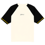 High-quality BVB lifestyle T-shirt in off-white with black sleeves and a yellow trim, perfect for fans and casual wear.
