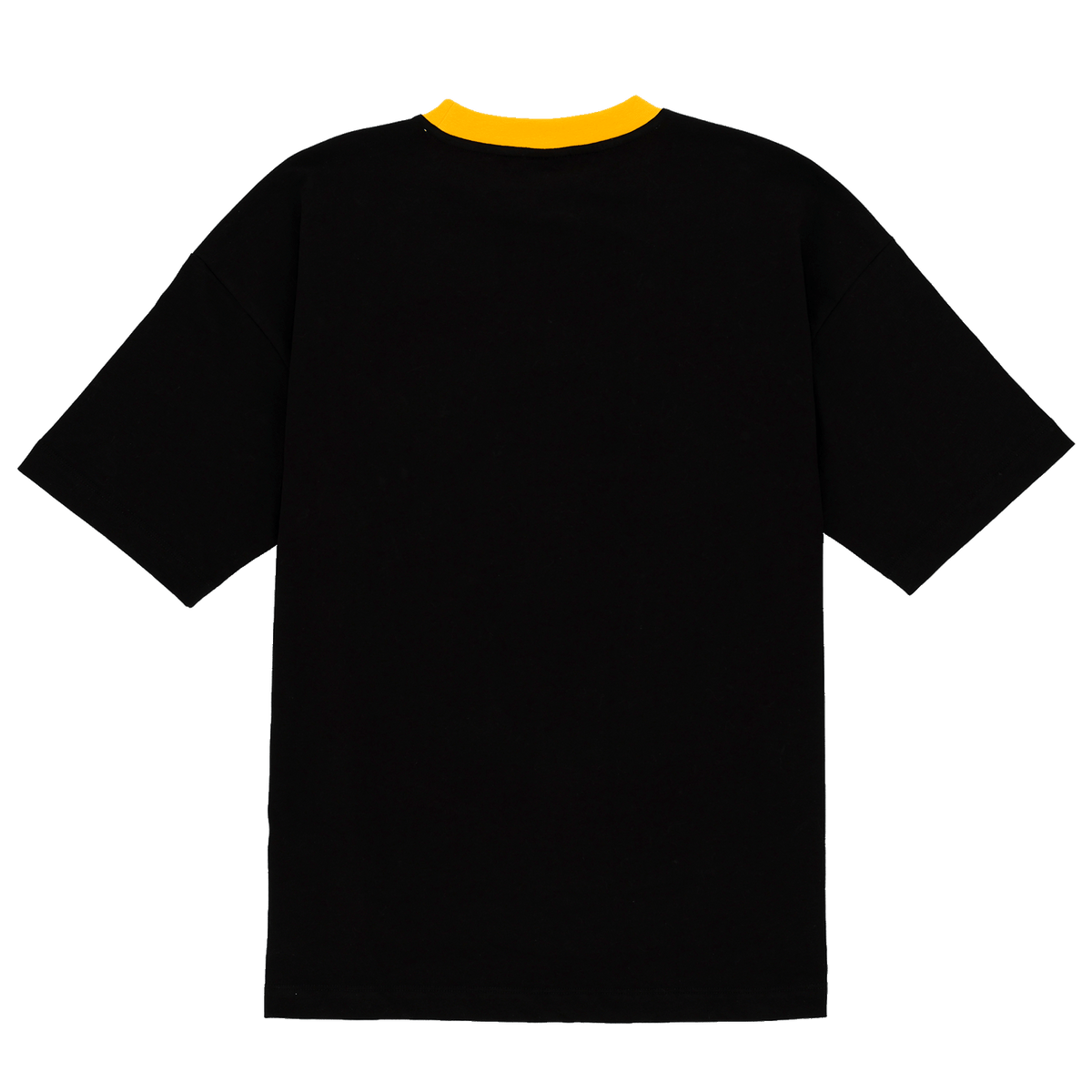 Rückansicht des schwarzen BVB Iconic Lifestyle T-Shirts mit auffälligem gelbem Kragen, klassisches Design für Fans von Borussia Dortmund.