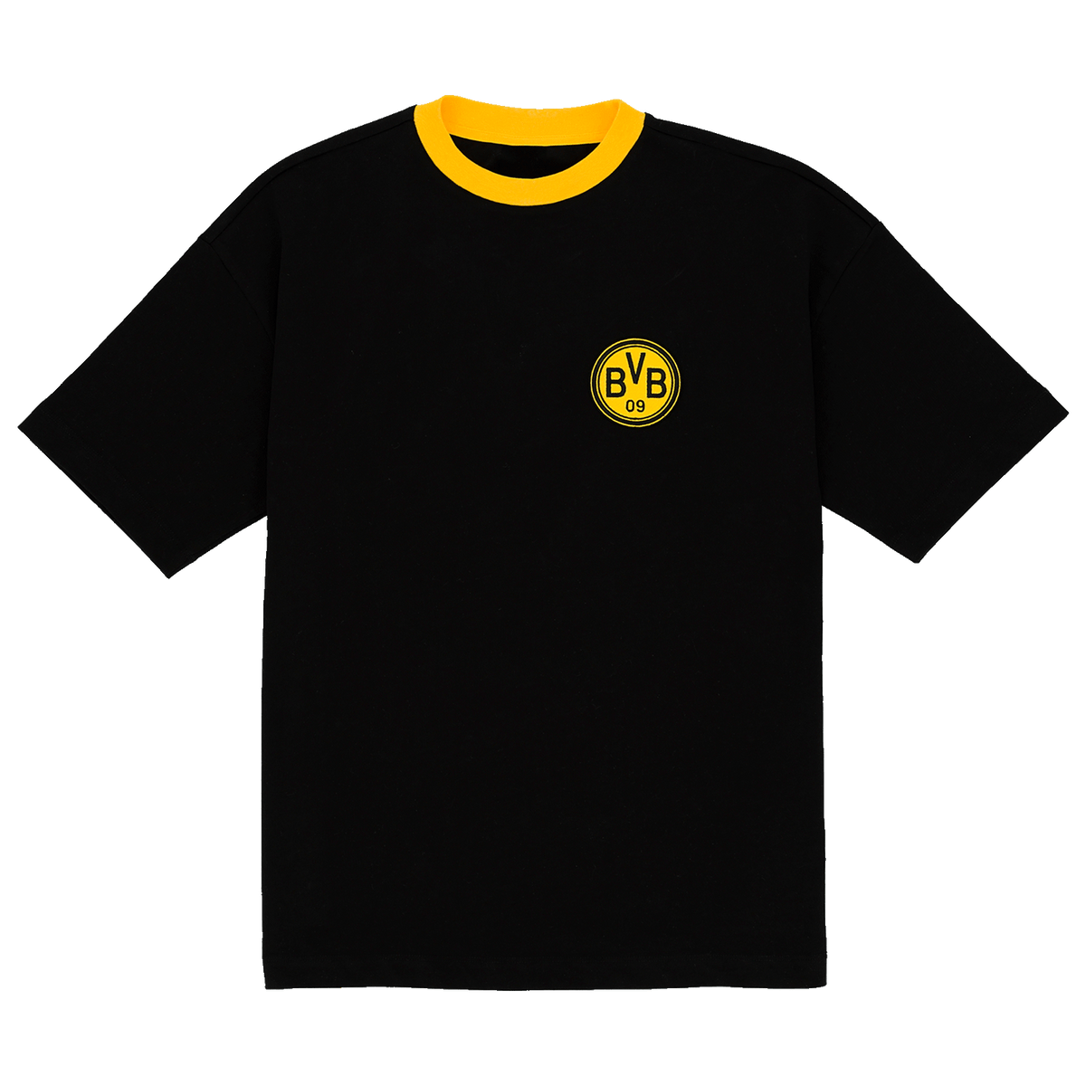 Kurzärmeliges schwarzes T-Shirt mit gelbem BVB-Logo auf der Brust und gelbem Rundhalskragen, ideal für BVB-Fans.