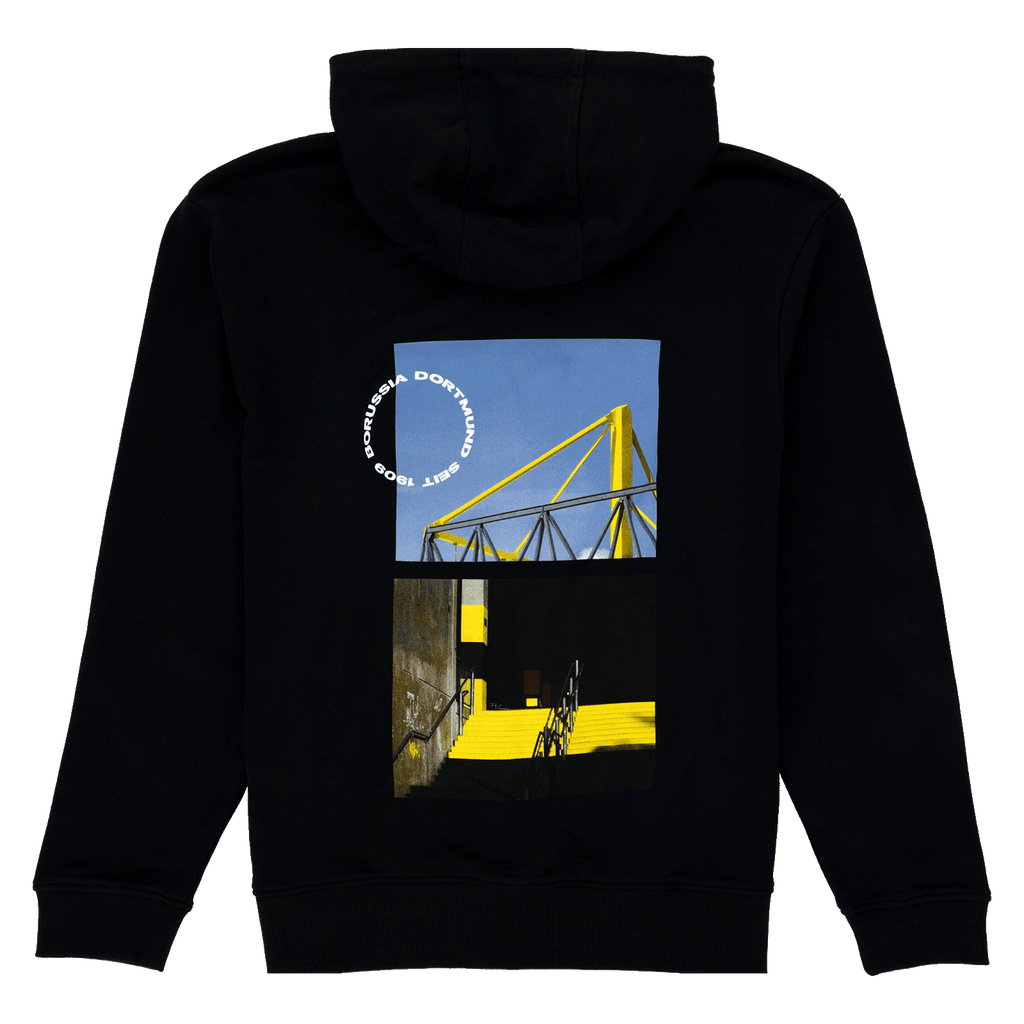 Giacca con cappuccio nera del BVB “Matchday II” con un accattivante motivo dello stadio SIGNAL IDUNA PARK sul retro, ideale per i tifosi del Borussia Dortmund.