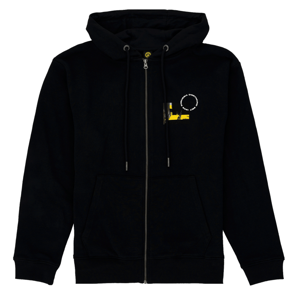 Giacca con cappuccio nera BVB Matchday II con dettagli gialli, cerniera e piccolo logo BVB sul davanti. Articolo ufficiale per i tifosi del Borussia Dortmund.
