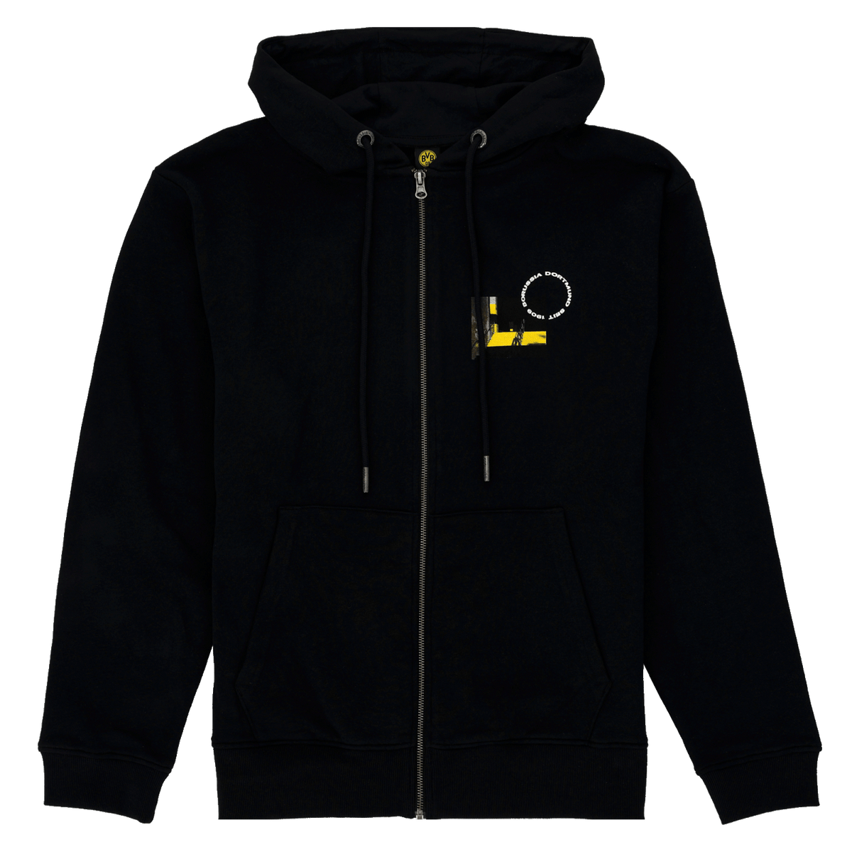 Schwarze BVB Matchday II Kapuzenjacke mit gelben Details, Reißverschluss und kleinem BVB-Logo auf der Vorderseite. Offizieller Borussia Dortmund Fanartikel.