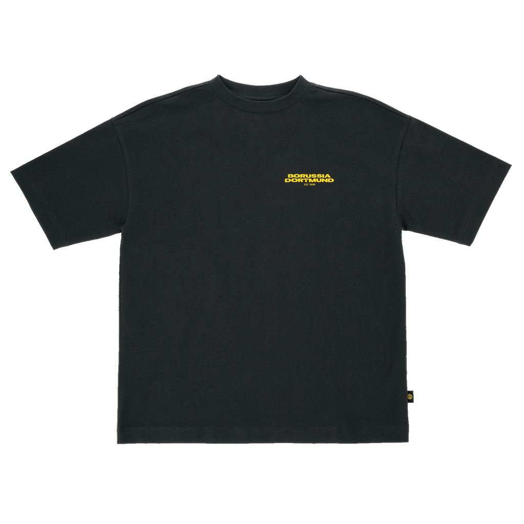 2025年コレクションのBVBアーバンTシャツ（アンソラサイト）。胸元に黄色のボルシア・ドルトムントのロゴが入り、カジュアルなデザインで半袖仕様です。