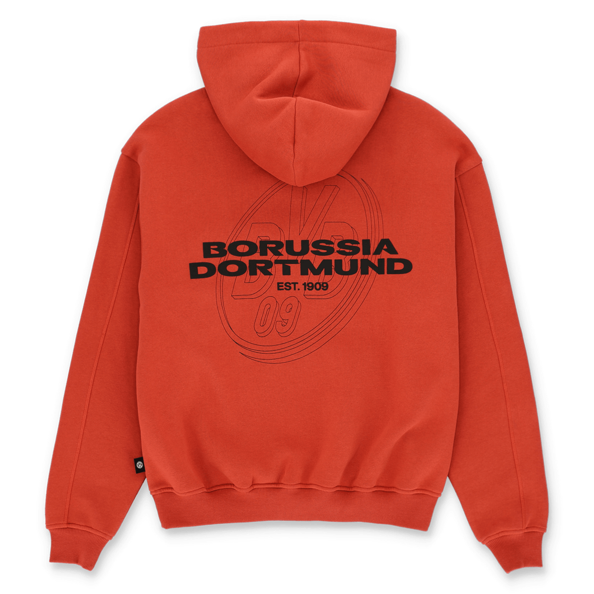 The orange BVB Urban hoodie features a large BVB 09 logo on the back, along with the words “Borussia Dortmund” and the phrase “EST. 1909.” Perfect for fans of the club.