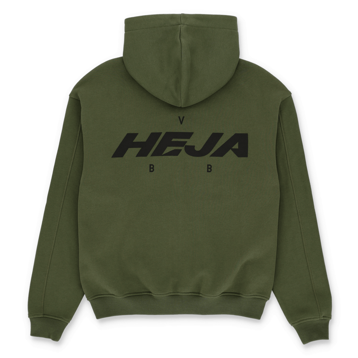 Chaqueta verde con cremallera del BVB de Urban, vista trasera, con un gran logotipo negro de «HEJA BVB». Ideal como artículo para los seguidores del Borussia Dortmund.
