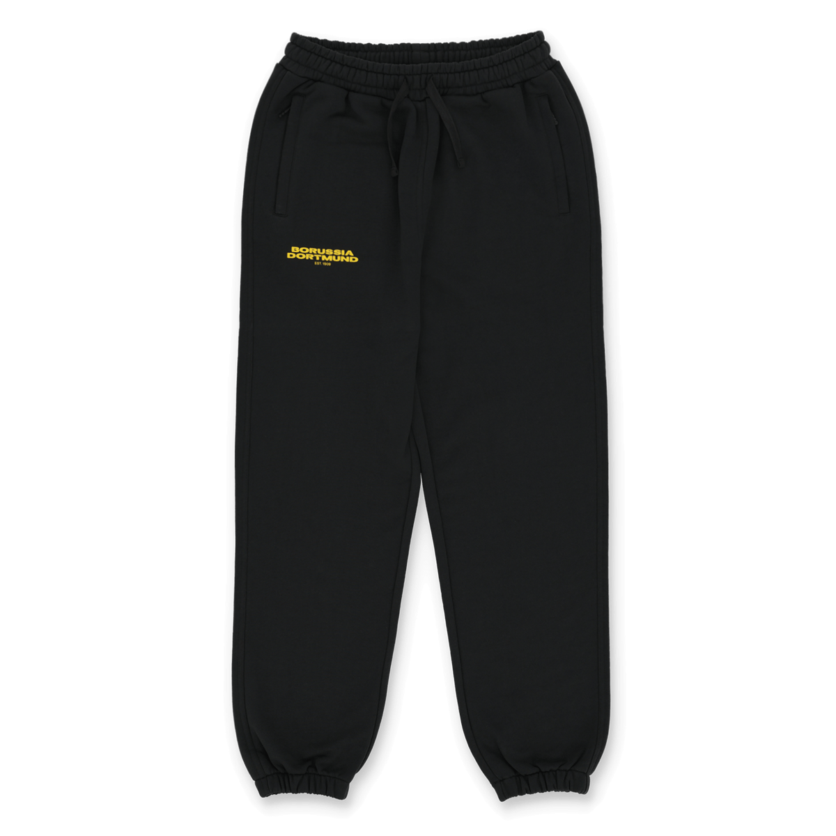 Pantalon de survêtement noir « Urban » du Borussia Dortmund, avec un logo jaune sur le devant, idéal pour les supporters et les loisirs.