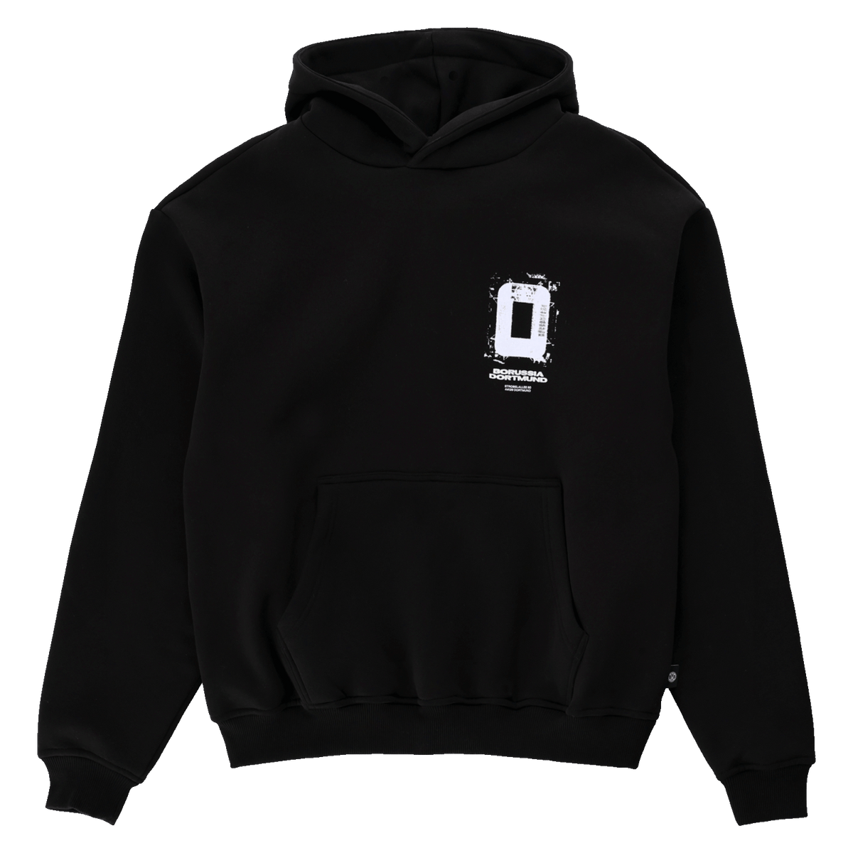 Schwarzer BVB Aerial Hoodie mit großem grafischen Print in weißer Farbe und Borussia Dortmund Logo auf der Vorderseite, ideal für Fans.