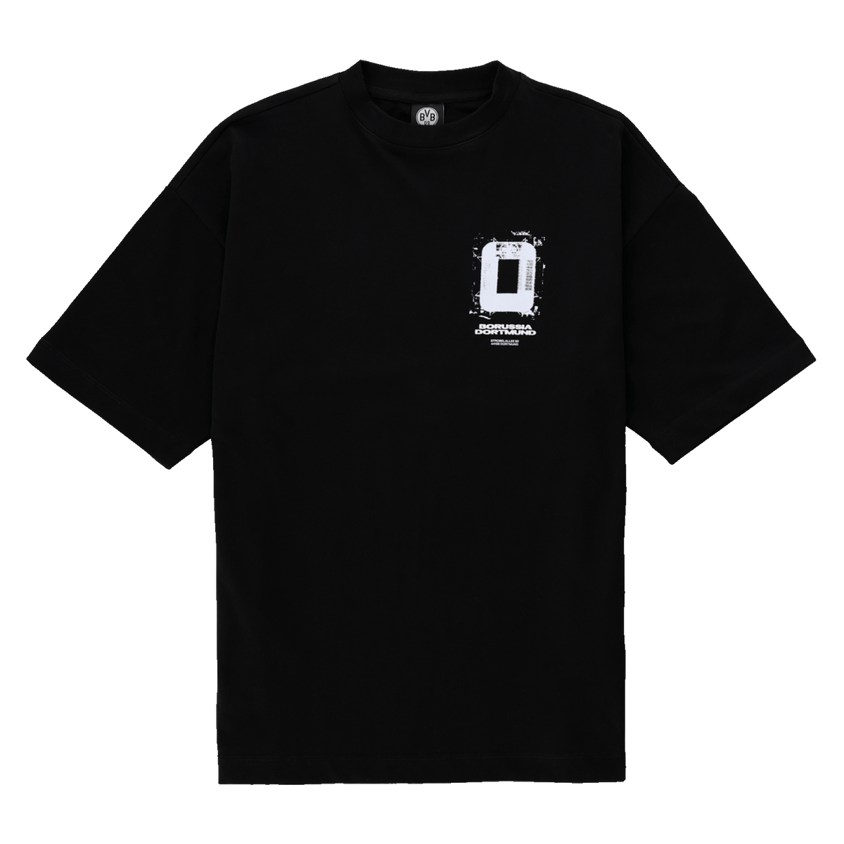 Schwarzes BVB Aerial T-Shirt mit modernem Design und BVB-Logo auf der Vorderseite, perfekt für Fans von Borussia Dortmund.