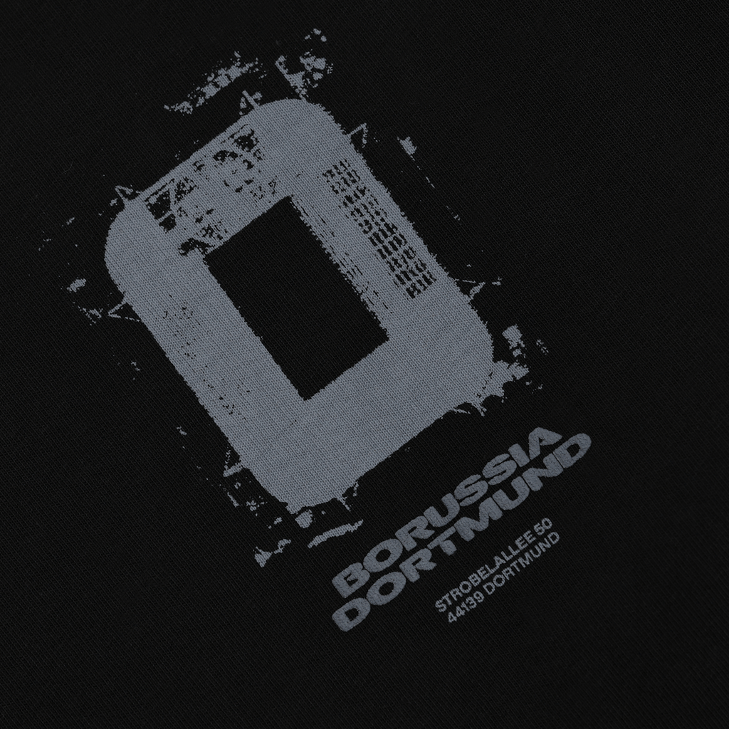 Black BVB long-sleeve shirt with a gray stadium print and "Borussia Dortmund" lettering, ideal for fans as casual wear.