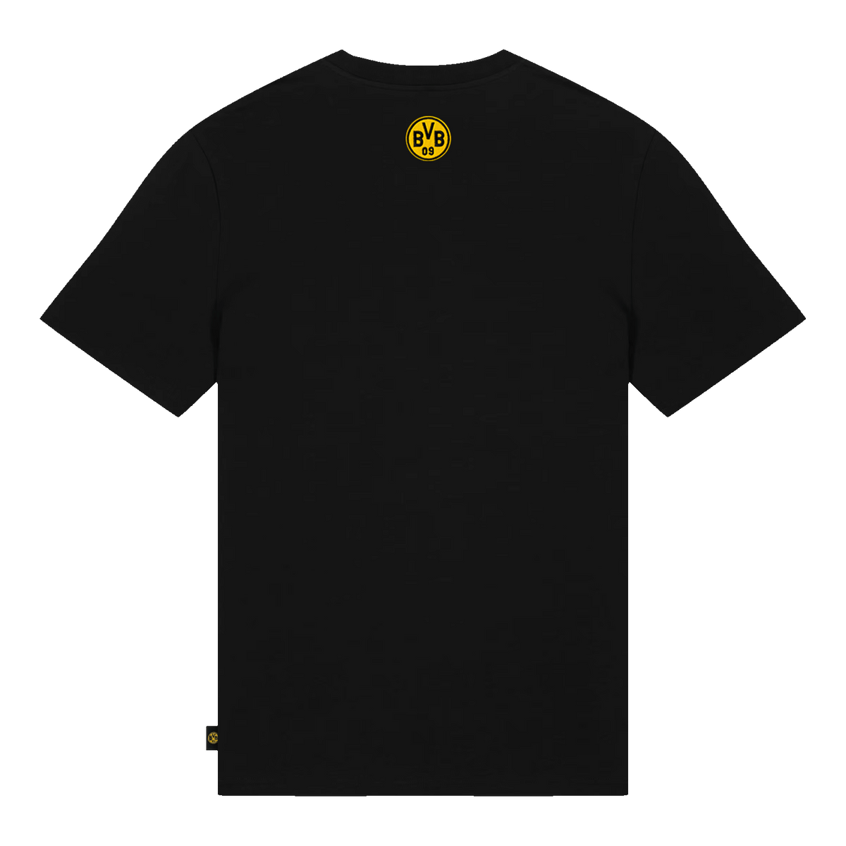 Schwarzes T-Shirt von Borussia Dortmund mit gelbem BVB-Logo auf der Rückseite, ideal als Fanartikel.