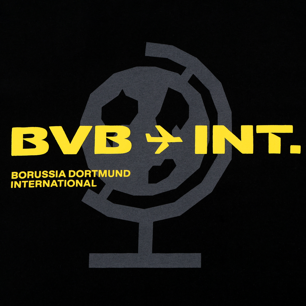 Black BVB T-shirt with yellow "BVB INT." lettering, a graphic globe design, and the text "Borussia Dortmund International" for fans of the club.