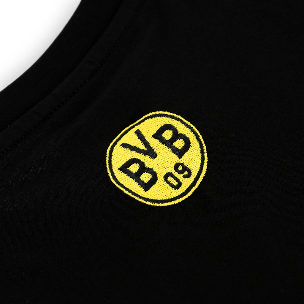 Black BVB T-shirt with a yellow BVB-09 logo, perfect for Borussia Dortmund fans.