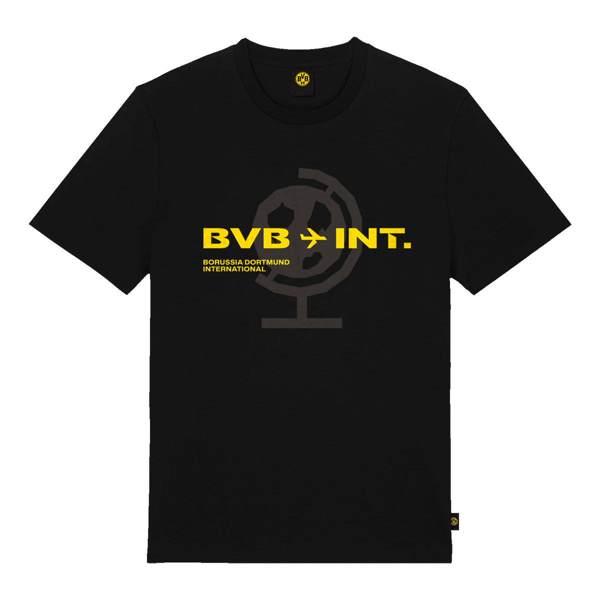 Schwarzes BVB International T-Shirt mit auffälligem gelbem Aufdruck 'BVB INT.' und stilisiertem globusem Design; ideal für Borussia Dortmund Fans.