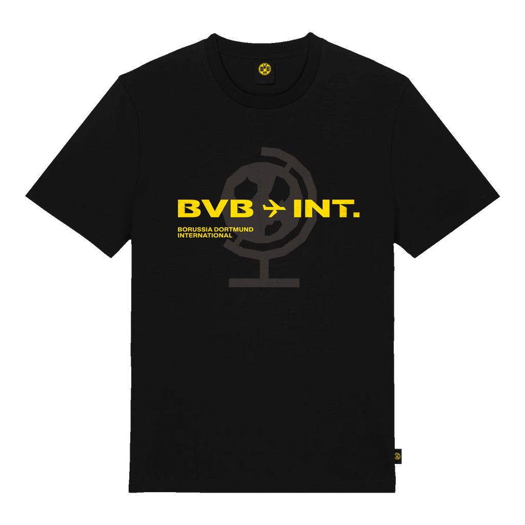 黑色多特蒙德（BVB）国际款T恤，印有醒目的黄色“BVB INT.”字样和风格化的地球图案；是多特蒙德球迷的理想之选。
