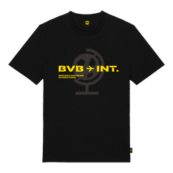 Black BVB International T-shirt with eye-catching yellow "BVB INT." print and a stylized globe design; perfect for Borussia Dortmund fans.