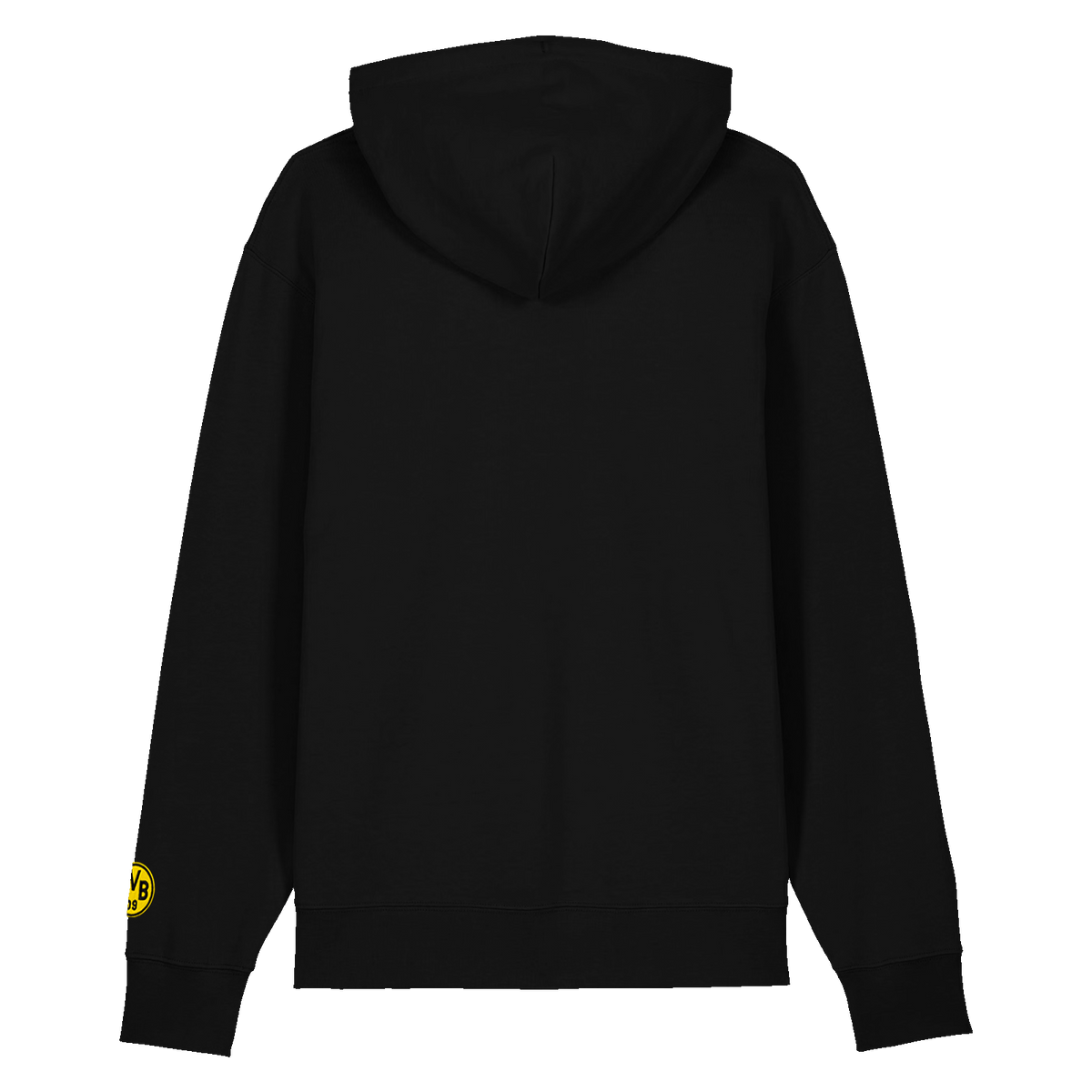 Rückansicht eines schwarzen BVB-Kapuzenpullovers mit gelbem BVB-Emblem auf dem linken Ärmel.