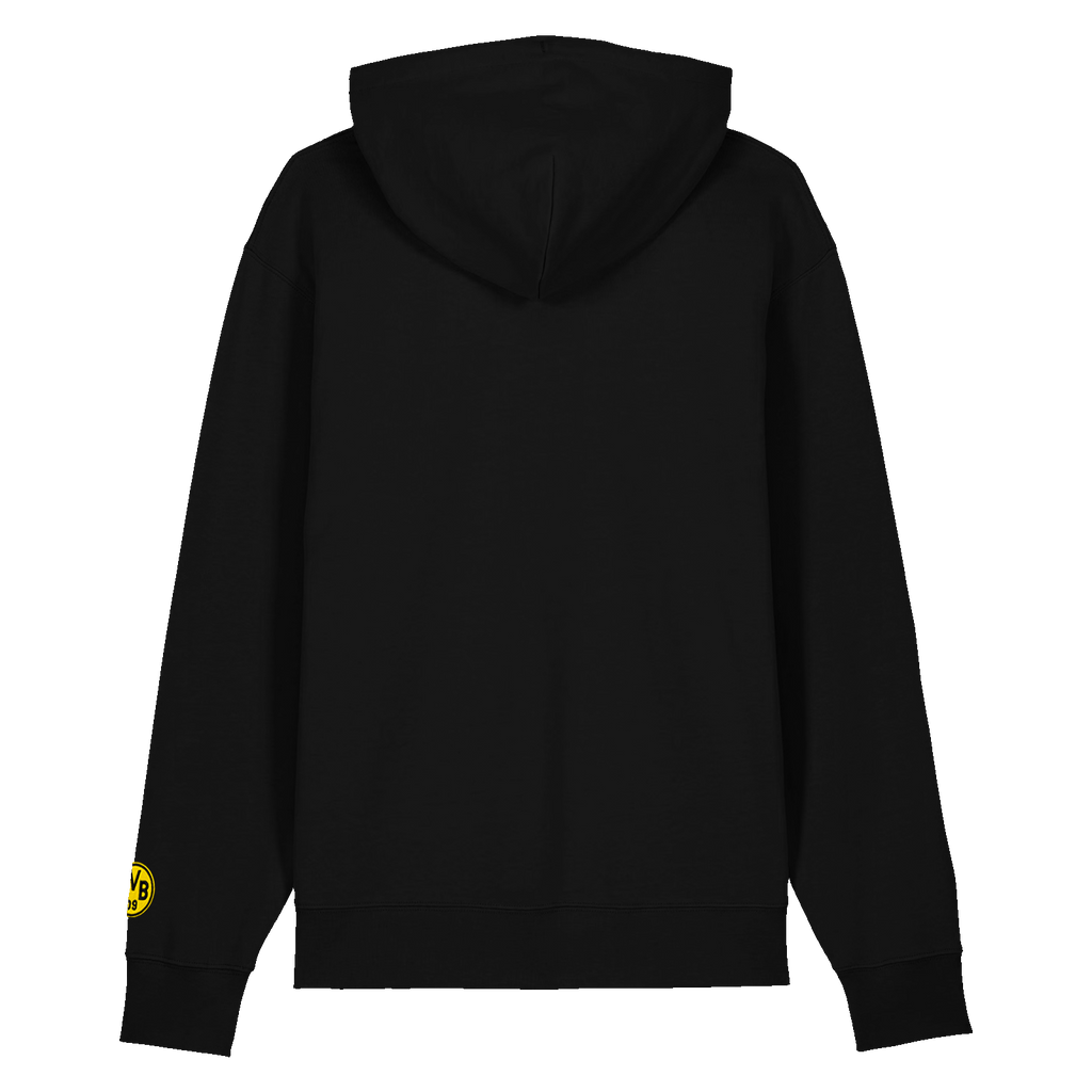Vue de dos d'un sweat à capuche noir du BVB, orné d'un écusson jaune du BVB sur la manche gauche.