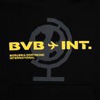 インターナショナル・コレクションのブラックのBVBフーディ。黄色のBVB INT.ロゴと、スタイリッシュな地球儀のデザインが施されています。