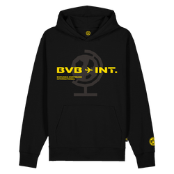 Black BVB hoodie with a yellow BVB logo, "BVB -> INT." lettering, and a graphic globe design; part of the internationally inspired collection.