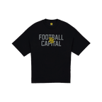 Black BVB college T-shirt for kids with gray "Football Capital" lettering and a yellow BVB logo on the chest.