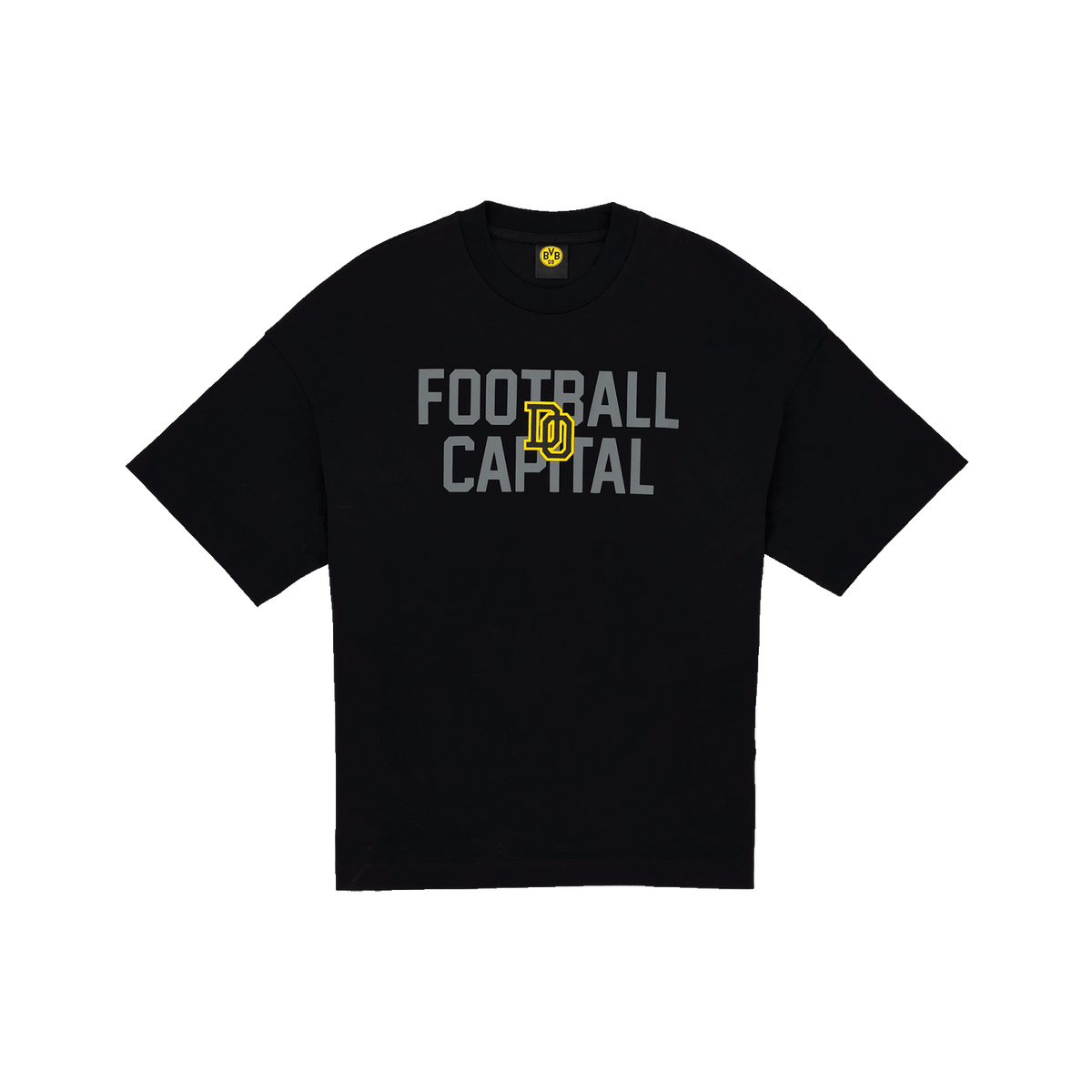 黑色多特蒙德（BVB）儿童校服T恤，胸前印有灰色“Football Capital”字样和黄色多特蒙德（BVB）队徽。