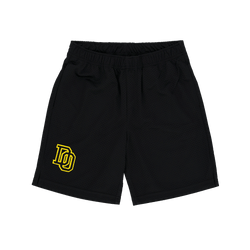 Schwarze BVB-Sweatshorts für Kinder mit gelbem BVB-Logo, sportlich und bequem, ideal für Fans und Freizeitaktivitäten.