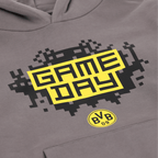 Gray BVB gaming hoodie for kids with an eye-catching yellow "Game Day" print and the BVB 09 logo on the front.