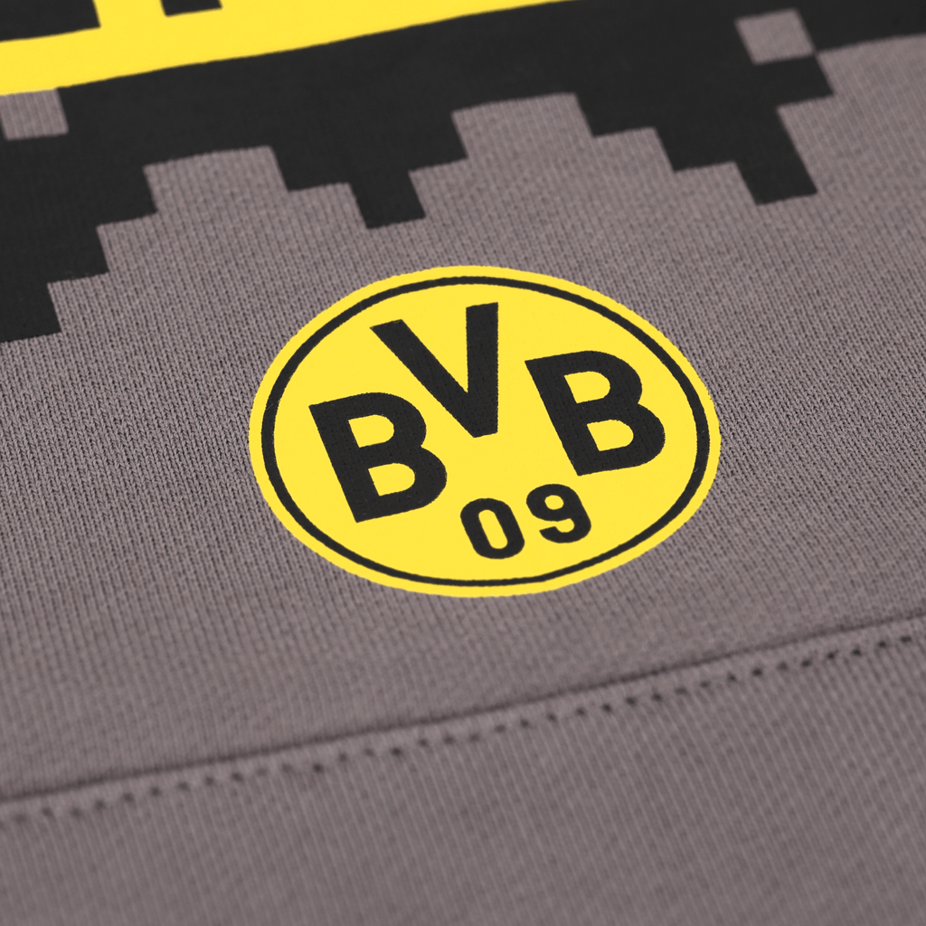 Gray BVB kids' hoodie with a yellow BVB 09 logo and black design—the perfect fan item for young Borussia Dortmund fans.