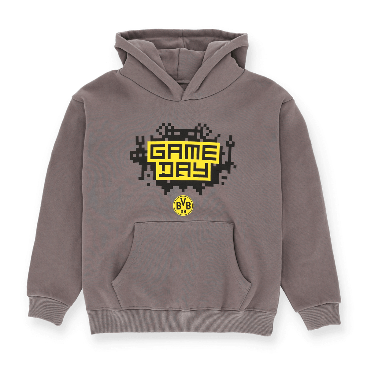 Dieser graue BVB Gaming Hoodie für Kinder zeigt ein modernes GAME DAY Design mit dem BVB-Logo und einer gemütlichen Kapuze.