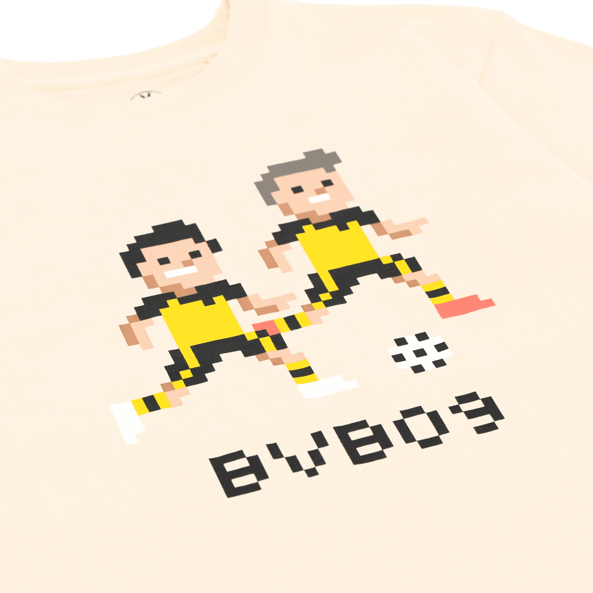 Off-white BVB gaming T-shirt for kids featuring a pixel art design, two soccer players in black and yellow, and "BVB09" lettering—perfect for young fans.