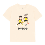 Off-white BVB gaming T-shirt for kids with a pixelated soccer design featuring stylized players in black-and-yellow BVB jerseys and "BVB09" lettering; front view.