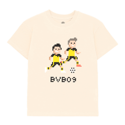 Maglietta da gaming Offwhite del BVB per bambini con motivo calcistico in stile pixel e giocatori stilizzati con la maglia nero-gialla del BVB, oltre alla scritta "BVB09", vista frontale.